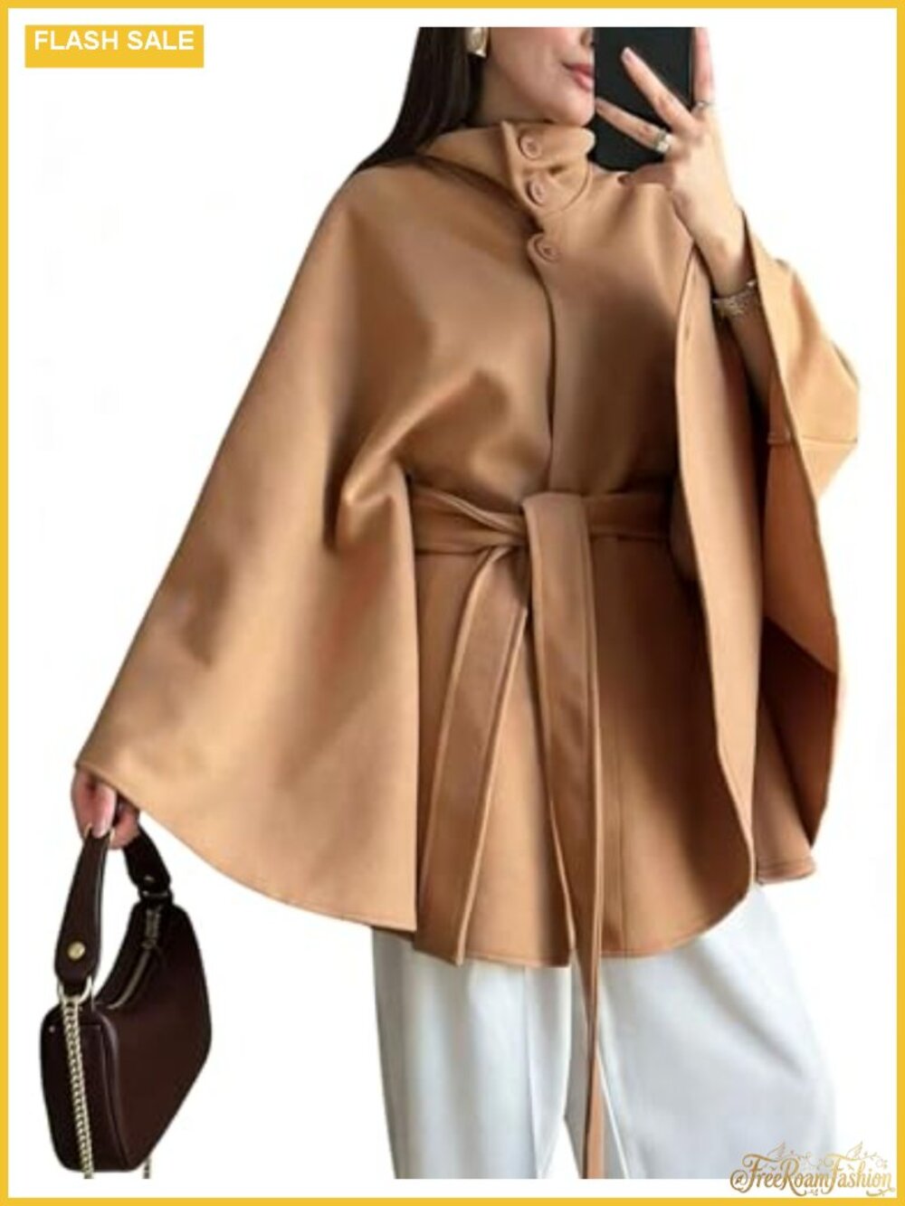 Wool Blend Batwing Sleeve Poncho Cape Coat with Belt